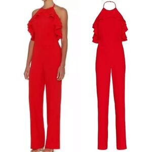 Intermix Ruffled Halter Neck Jumpsuit Straight Leg Low Open Back Red Womens S